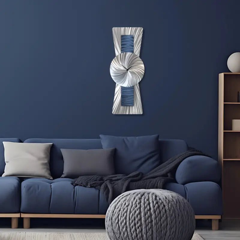Navy Blue and Silver Clock Titled Sentinel - Modern Elements Metal Art - ME93828K - 2