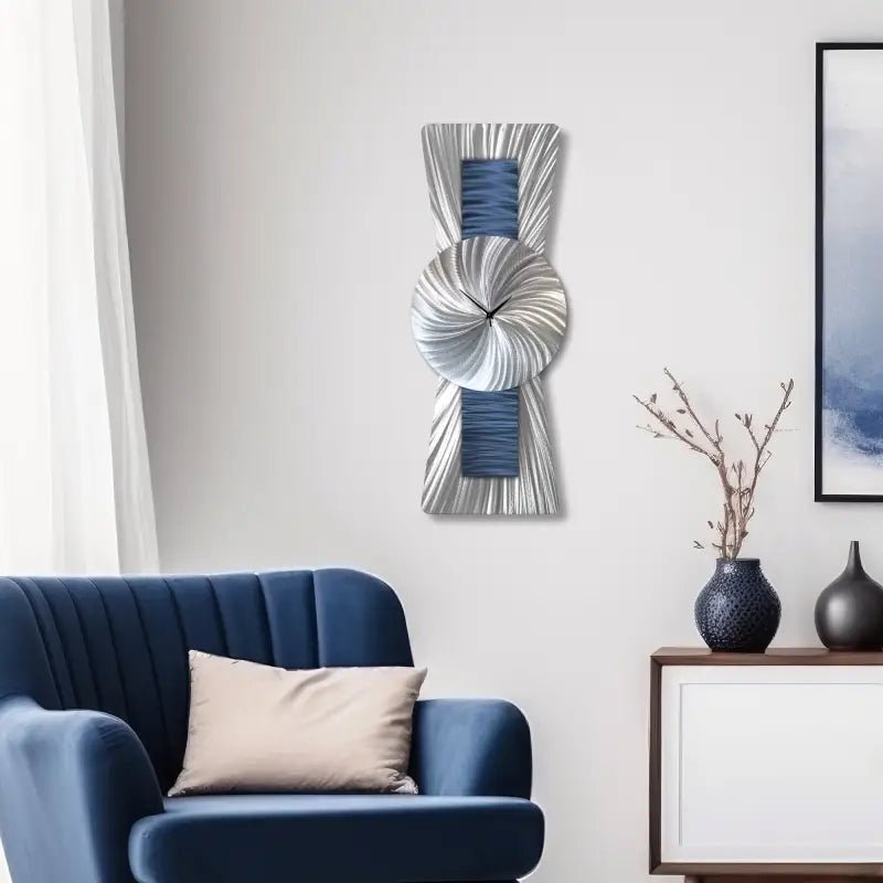 Navy Blue and Silver Clock Titled Sentinel - Modern Elements Metal Art - ME93828K - 1