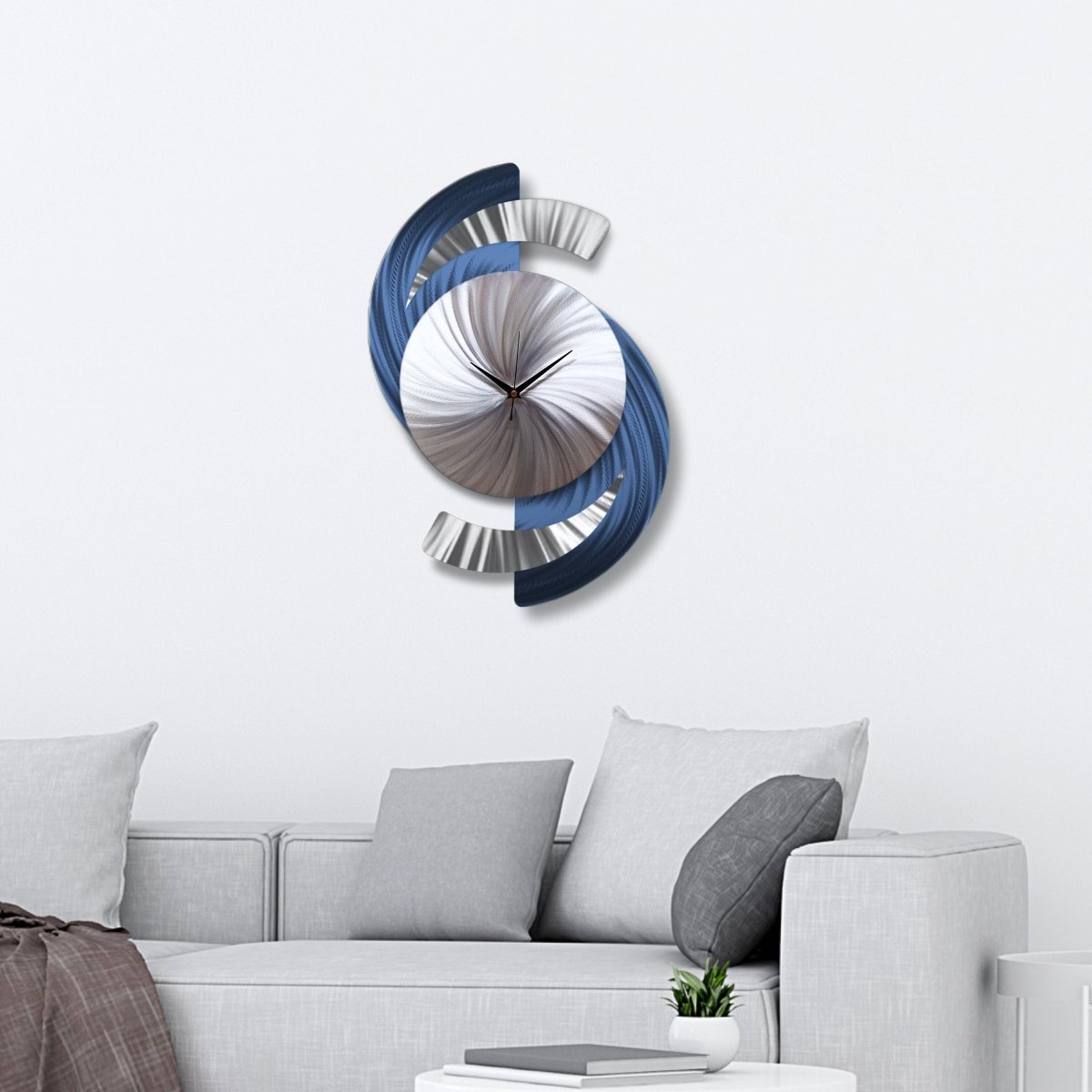 Navy Blue Metal Wall Clock – Modern Clock & Silver Wall Art Sculpture - Modern Elements Metal Art - INV363773V