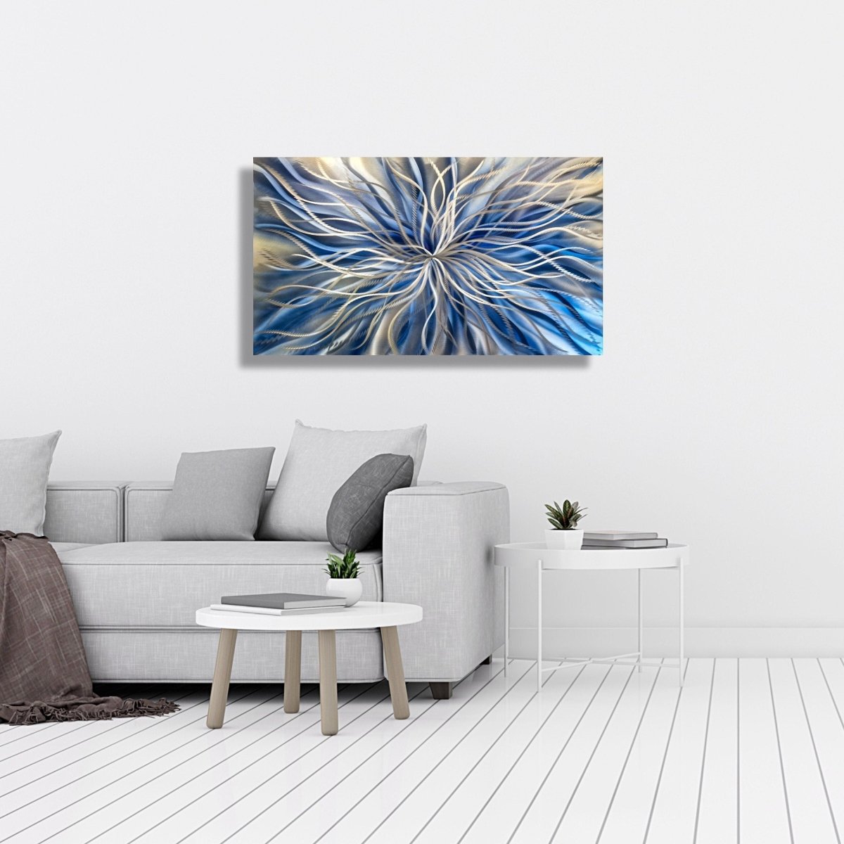 Navy Blue & Silver Metal Wall Art – Abstract Wall Sculpture & Modern Painting - Modern Elements Metal Art - INV6373SX