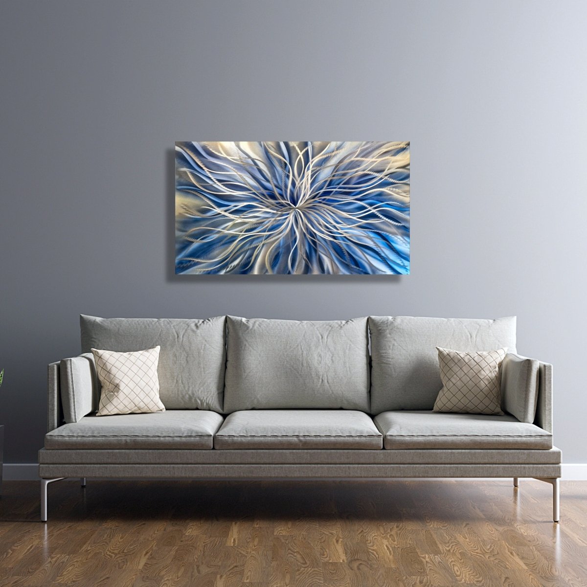 Navy Blue & Silver Metal Wall Art – Abstract Wall Sculpture & Modern Painting - Modern Elements Metal Art - INV6373SX