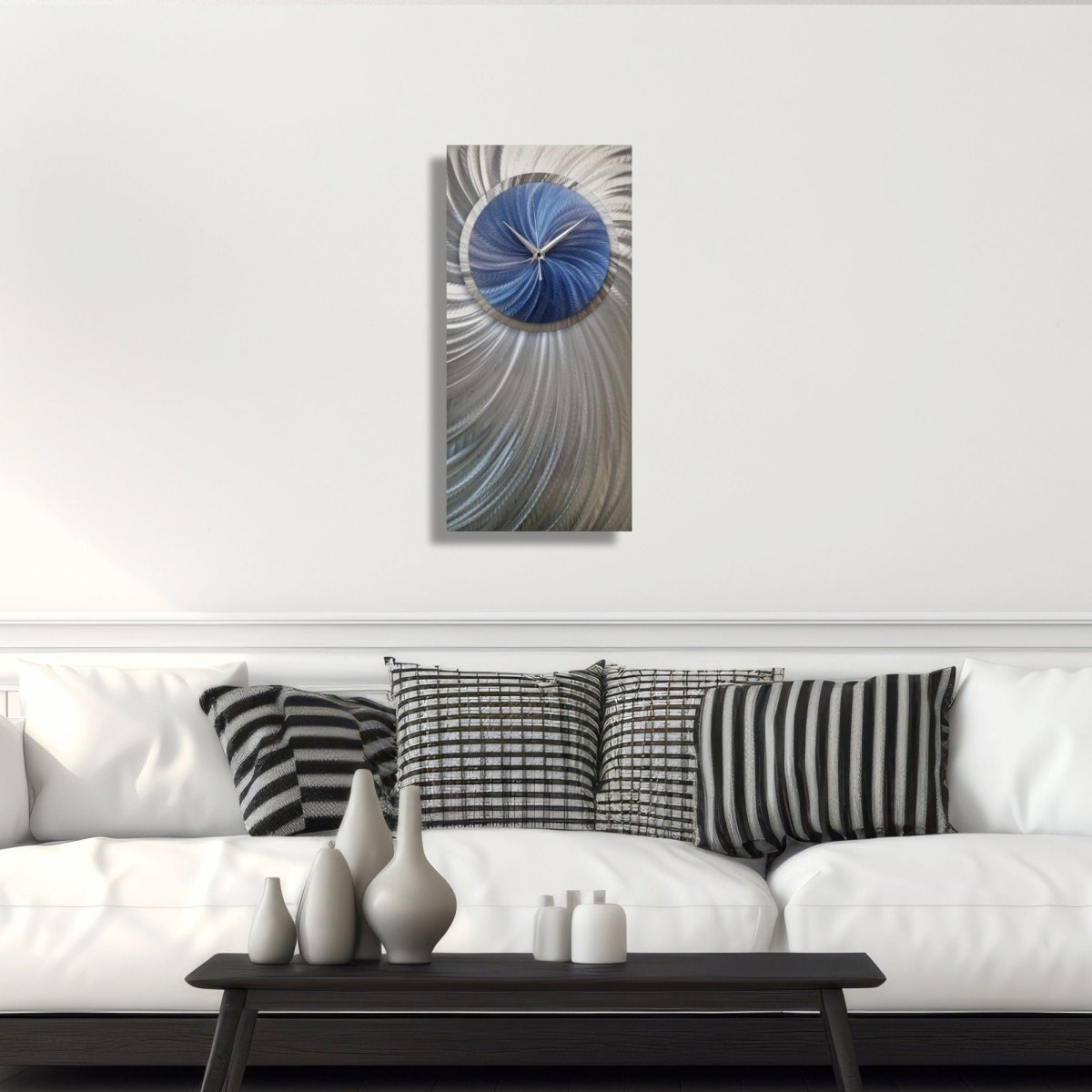 Navy Blue & Silver Wall Clock – Large Modern Clock & Metal Art Sculpture Decor - Modern Elements Metal Art - ME0377228