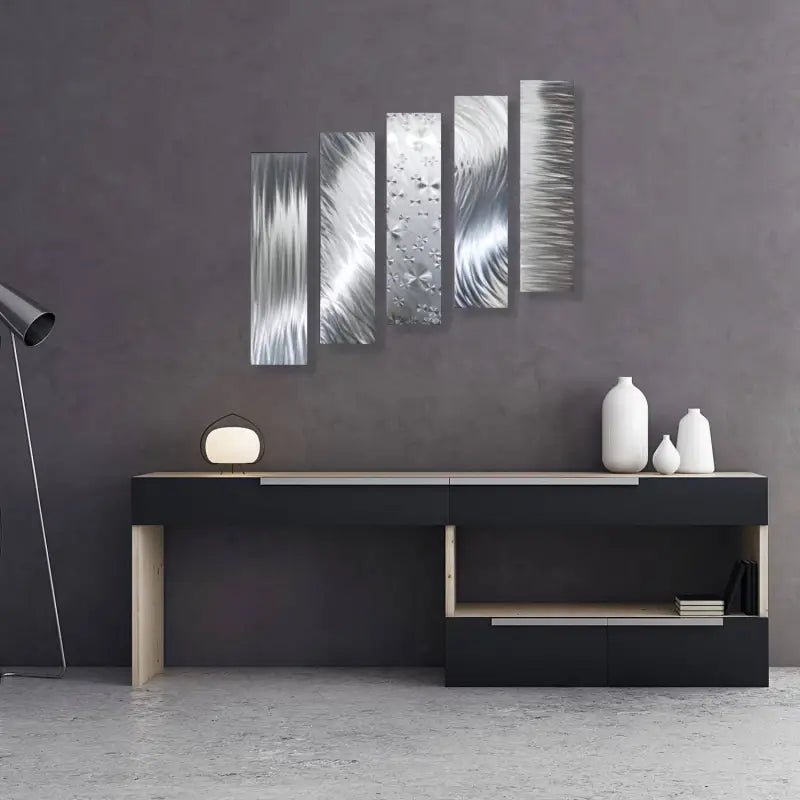 Silver Abstract Art Metal Set of 5 Titled Formations - Modern Elements Metal Art - MO9882NK