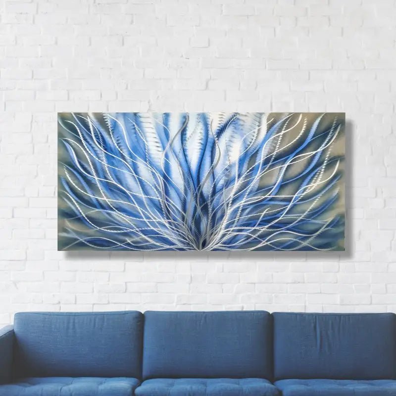Silver & Blue Metal Wall Art Titled "InBloom" - Modern Elements Metal Art - 76542678