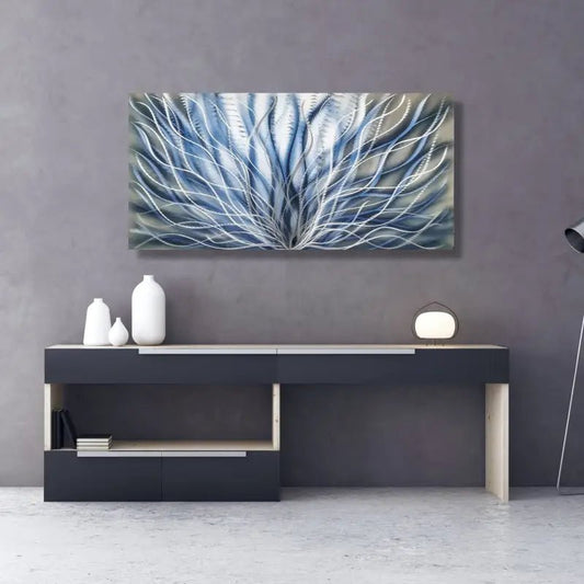 Silver & Blue Metal Wall Art Titled "InBloom" - Modern Elements Metal Art - 76542678