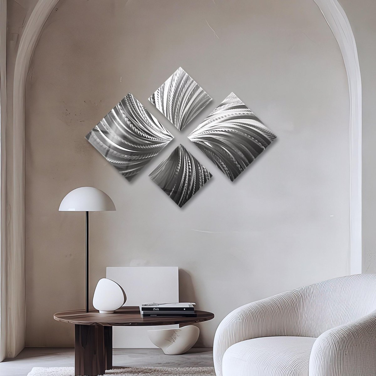 Silver Metal Wall Art – 4 - Piece Modern Sculpture – Abstract Gallery Decor for Living Room - Modern Elements Metal Art - ME728390647