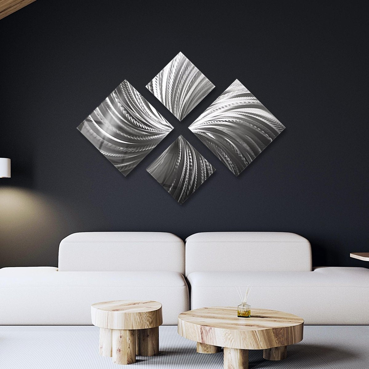 Silver Metal Wall Art – 4 - Piece Modern Sculpture – Abstract Gallery Decor for Living Room - Modern Elements Metal Art - ME728390647
