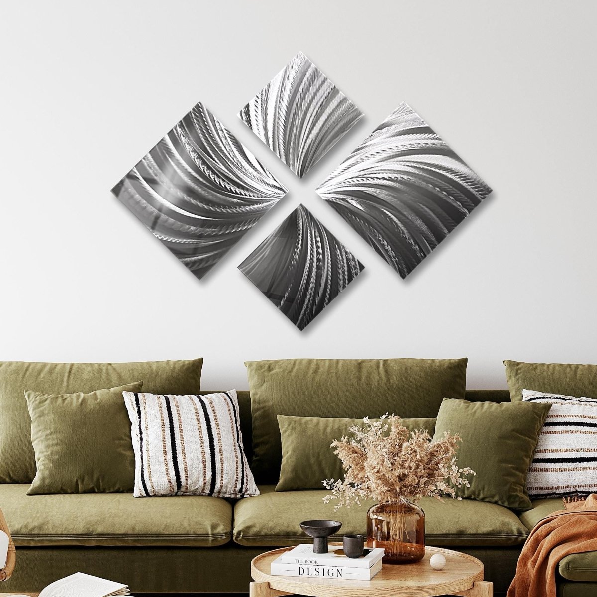 Silver Metal Wall Art – 4 - Piece Modern Sculpture – Abstract Gallery Decor for Living Room - Modern Elements Metal Art - ME728390647