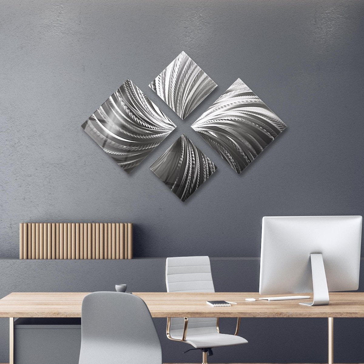 Silver Metal Wall Art – 4 - Piece Modern Sculpture – Abstract Gallery Decor for Living Room - Modern Elements Metal Art - ME728390647