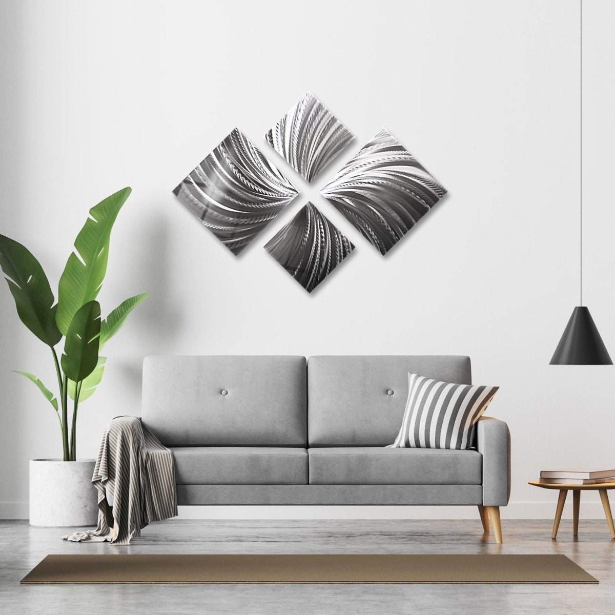 Silver Metal Wall Art – 4 - Piece Modern Sculpture – Abstract Gallery Decor for Living Room - Modern Elements Metal Art - ME728390647