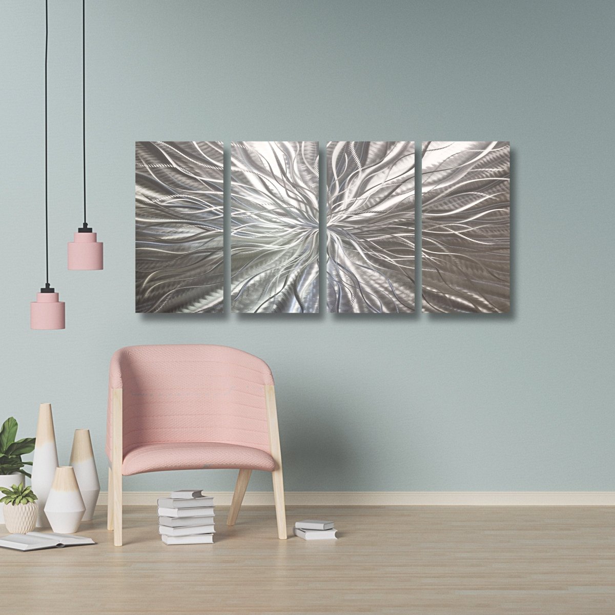 Silver Metal Wall Art Sculpture – Modern Metallic Decor – Gallery Art Set & Statement - Modern Elements Metal Art - ME748949