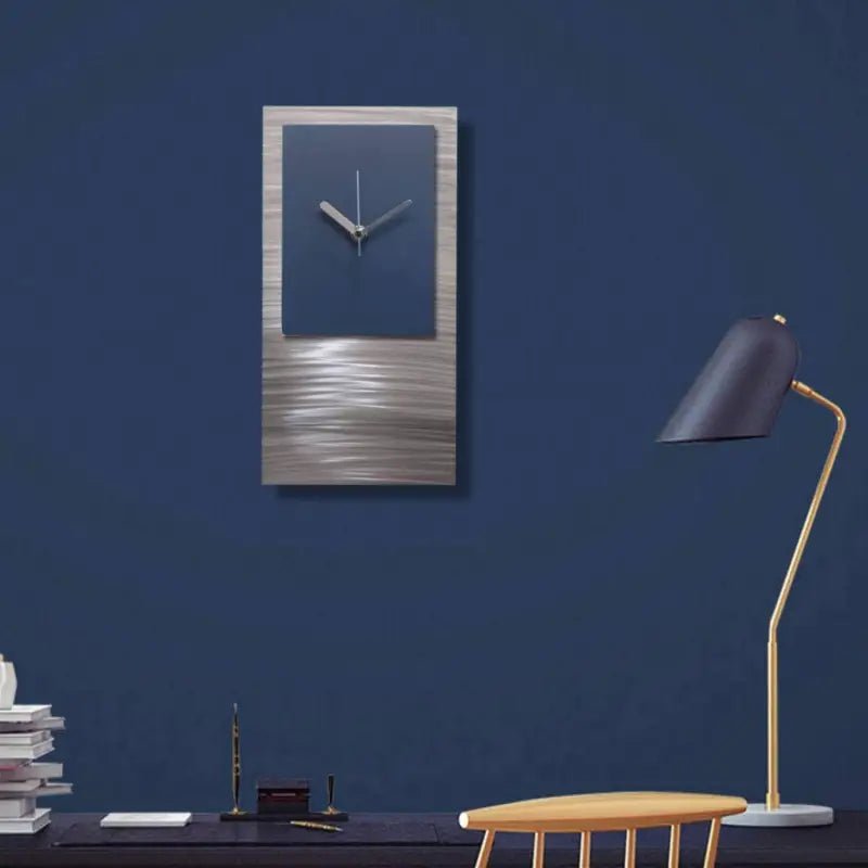 Silver & Navy Blue Wall Clock Titled "Ariel - Modern Elements Metal Art - HA7628KH