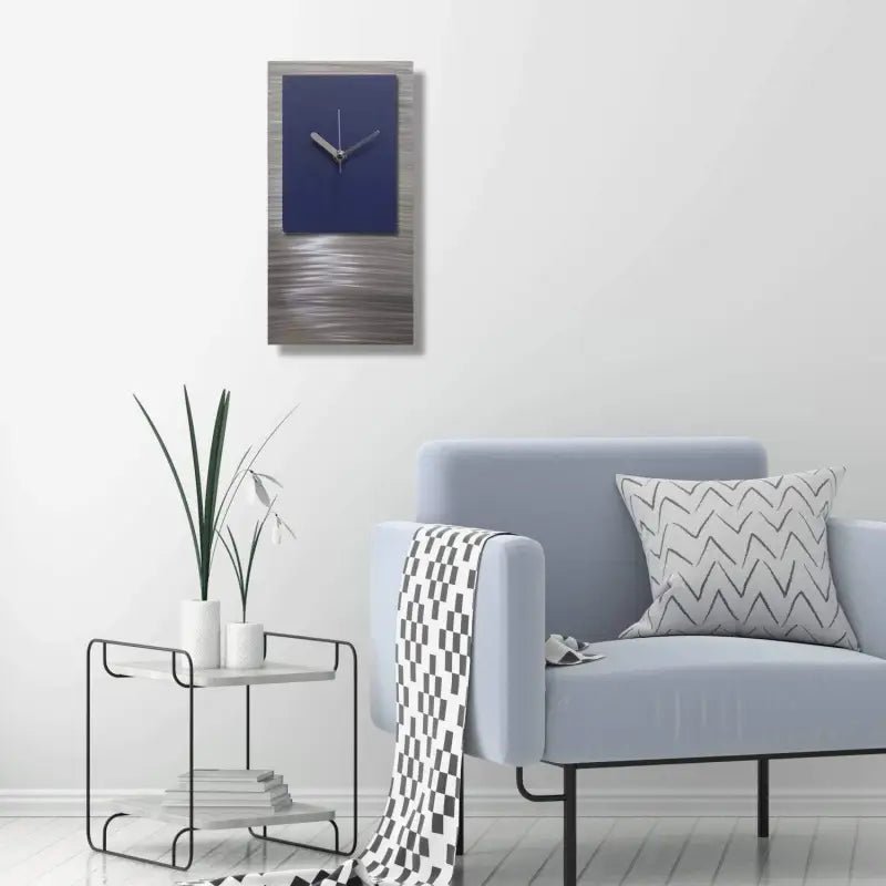 Silver & Navy Blue Wall Clock Titled "Ariel - Modern Elements Metal Art - HA7628KH