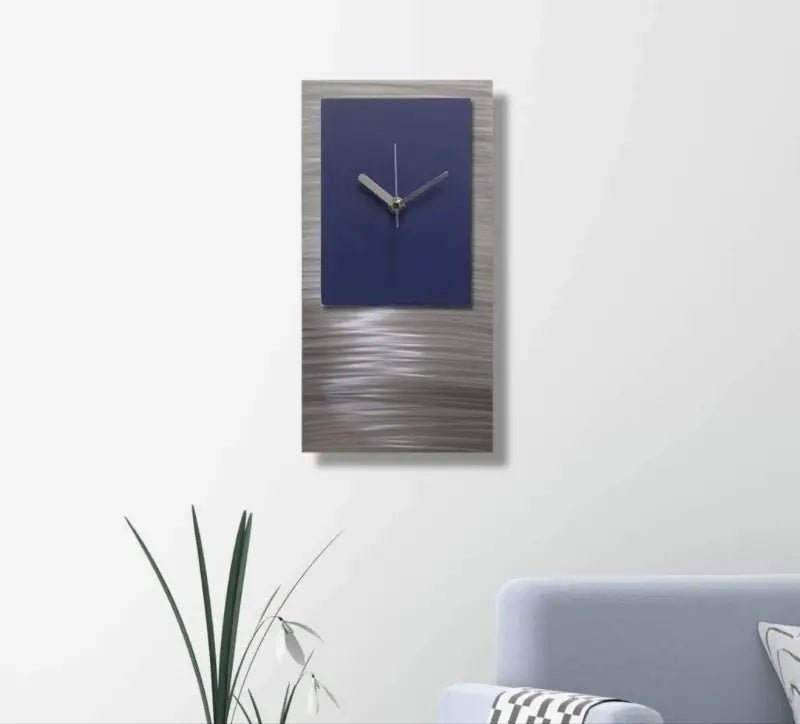 Silver & Navy Blue Wall Clock Titled "Ariel - Modern Elements Metal Art - HA7628KH