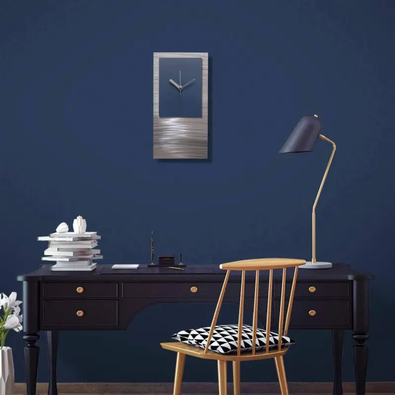 Silver & Navy Blue Wall Clock Titled "Ariel - Modern Elements Metal Art - HA7628KH