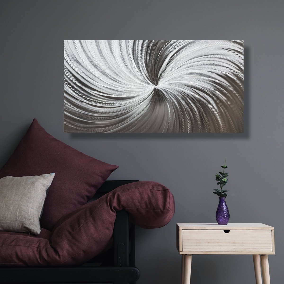 Silver Spiral Metal Wall Art | Large Modern Abstract Sculpture | Handmade Artwork - Modern Elements Metal Art - MYKG930D