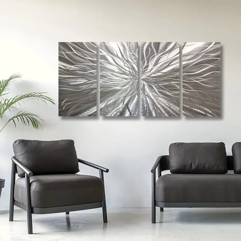 Silver Wall Art Decor Titled "Radiation" Set of 4 - Modern Elements Metal Art - INV53783
