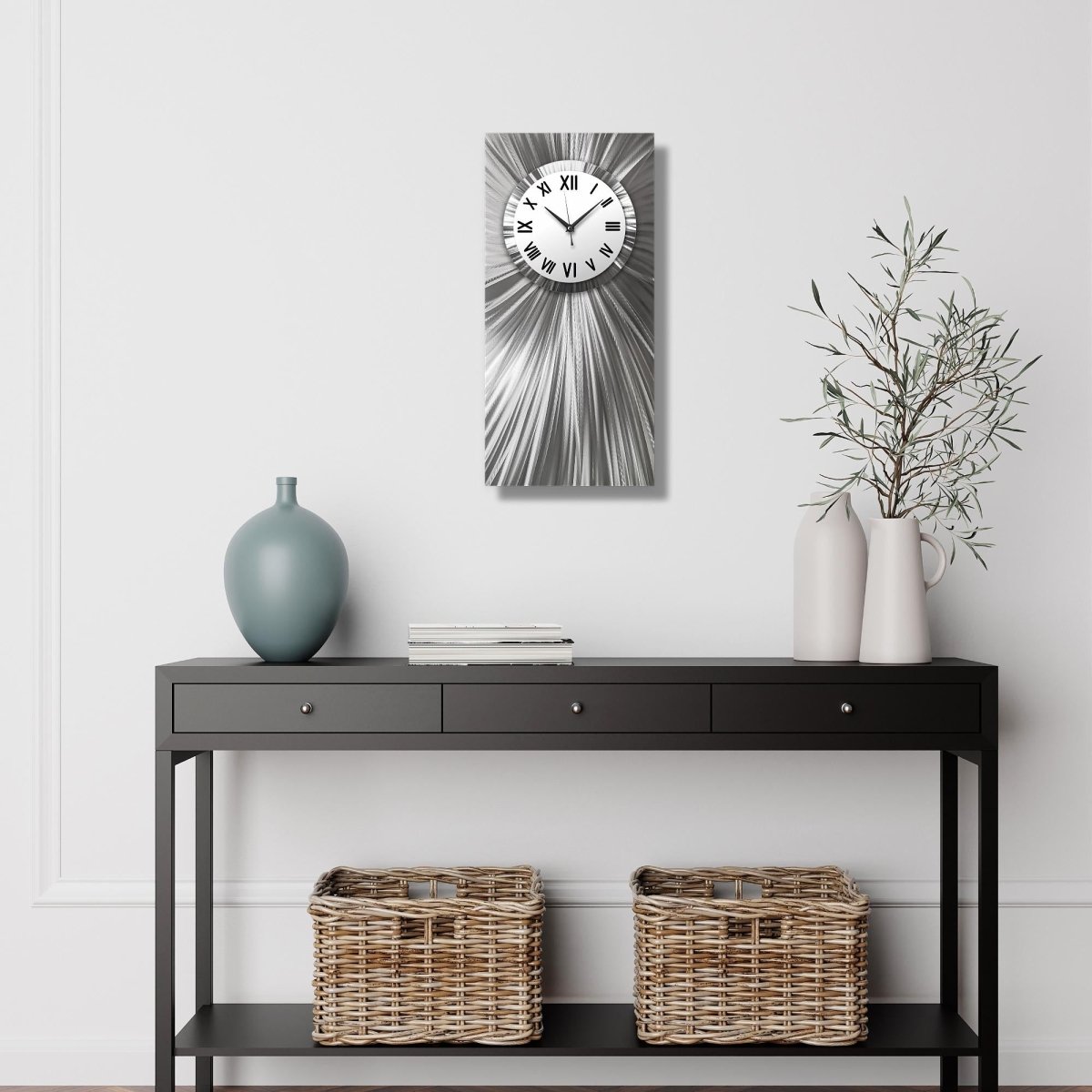 Silver & White Large Metal Wall Clock – Unique Rectangular Sculpture & Modern Home Art Gift - Modern Elements Metal Art - ME0845262