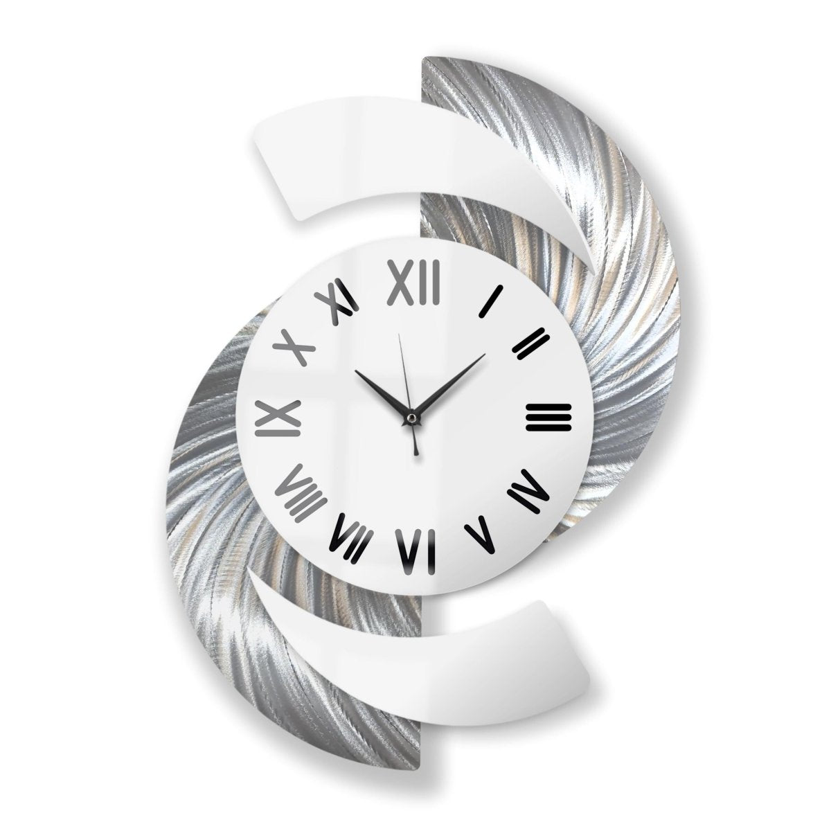 Silver & White Wall Clock - Luxury Abstract Art, Metal Wall Sculpture, Silent Quartz - 18x24" - Modern Elements Metal Art - INV36387272