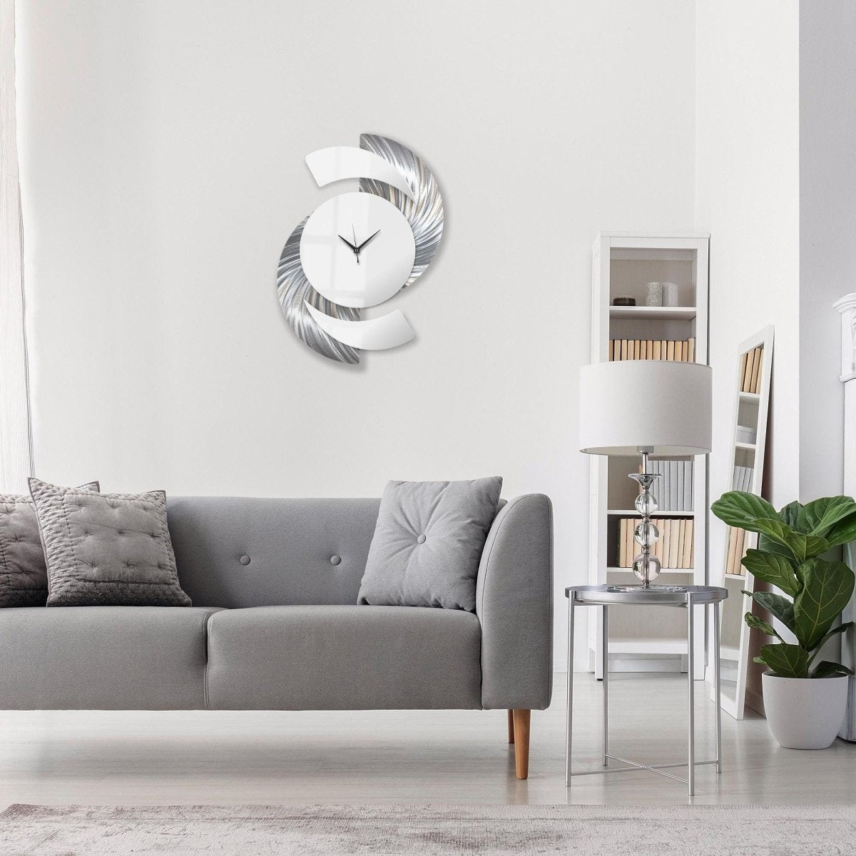 Silver & White Wall Clock - Luxury Abstract Art, Metal Wall Sculpture, Silent Quartz - 18x24" - Modern Elements Metal Art - INV36387272