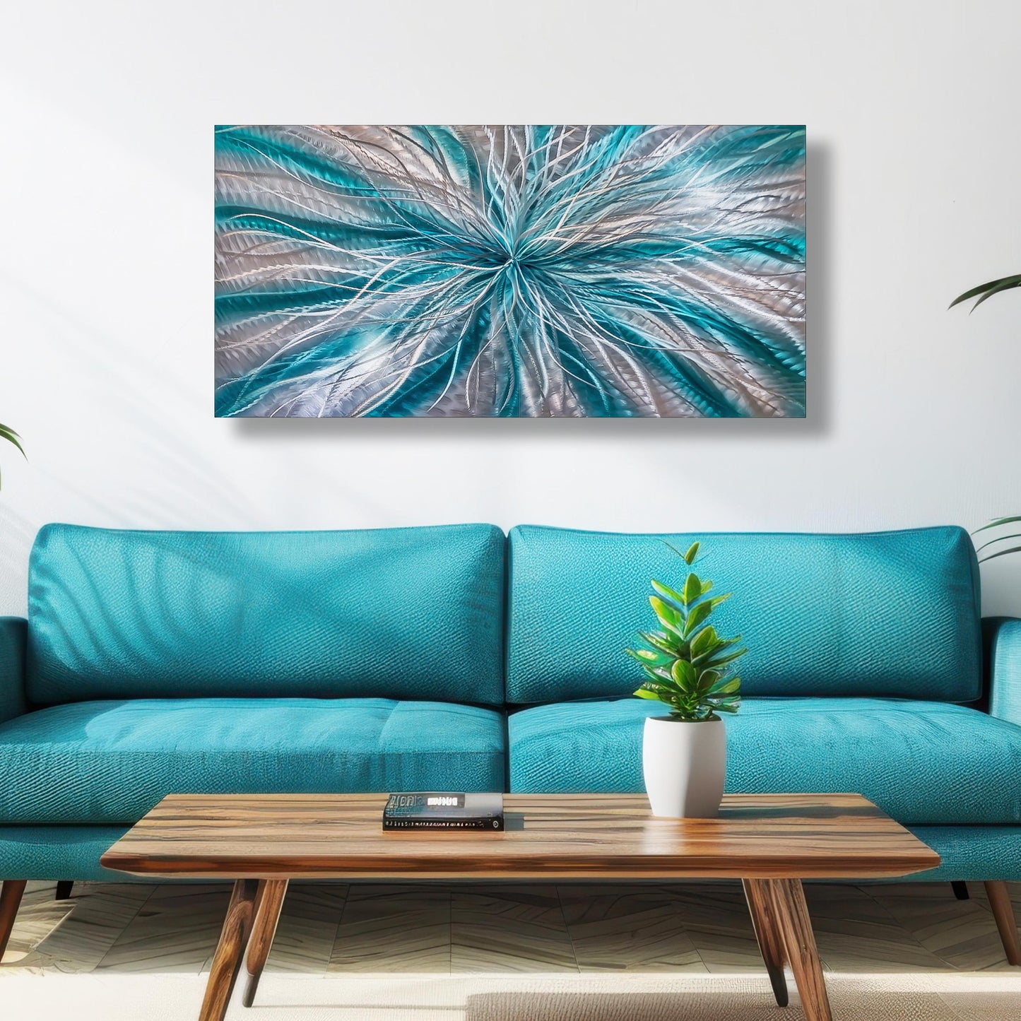 Teal and Silver Abstract Metal Wall Art Titled Radiation - Modern Elements Metal Art - ME72820617