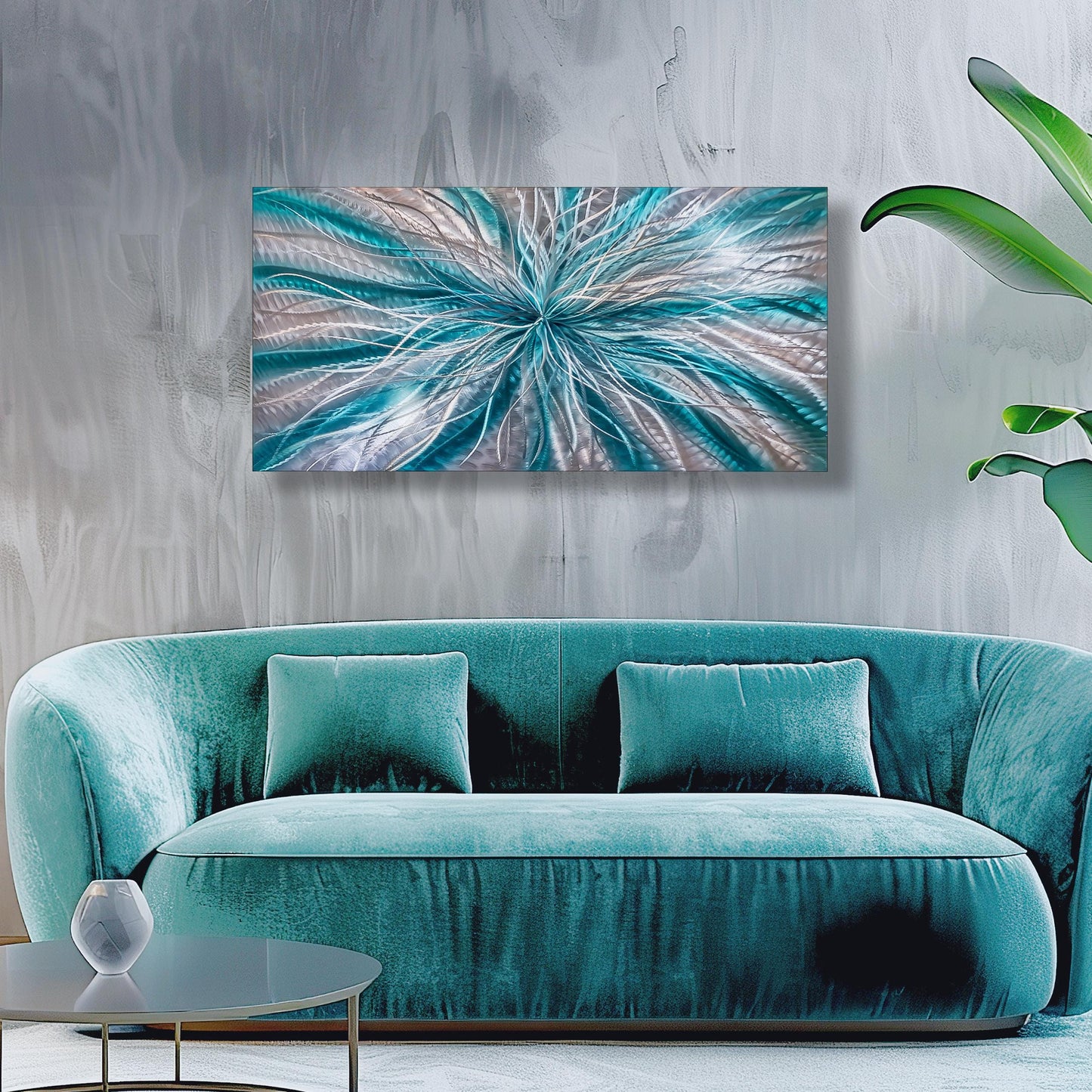 Teal and Silver Abstract Metal Wall Art Titled Radiation - Modern Elements Metal Art - ME72820617