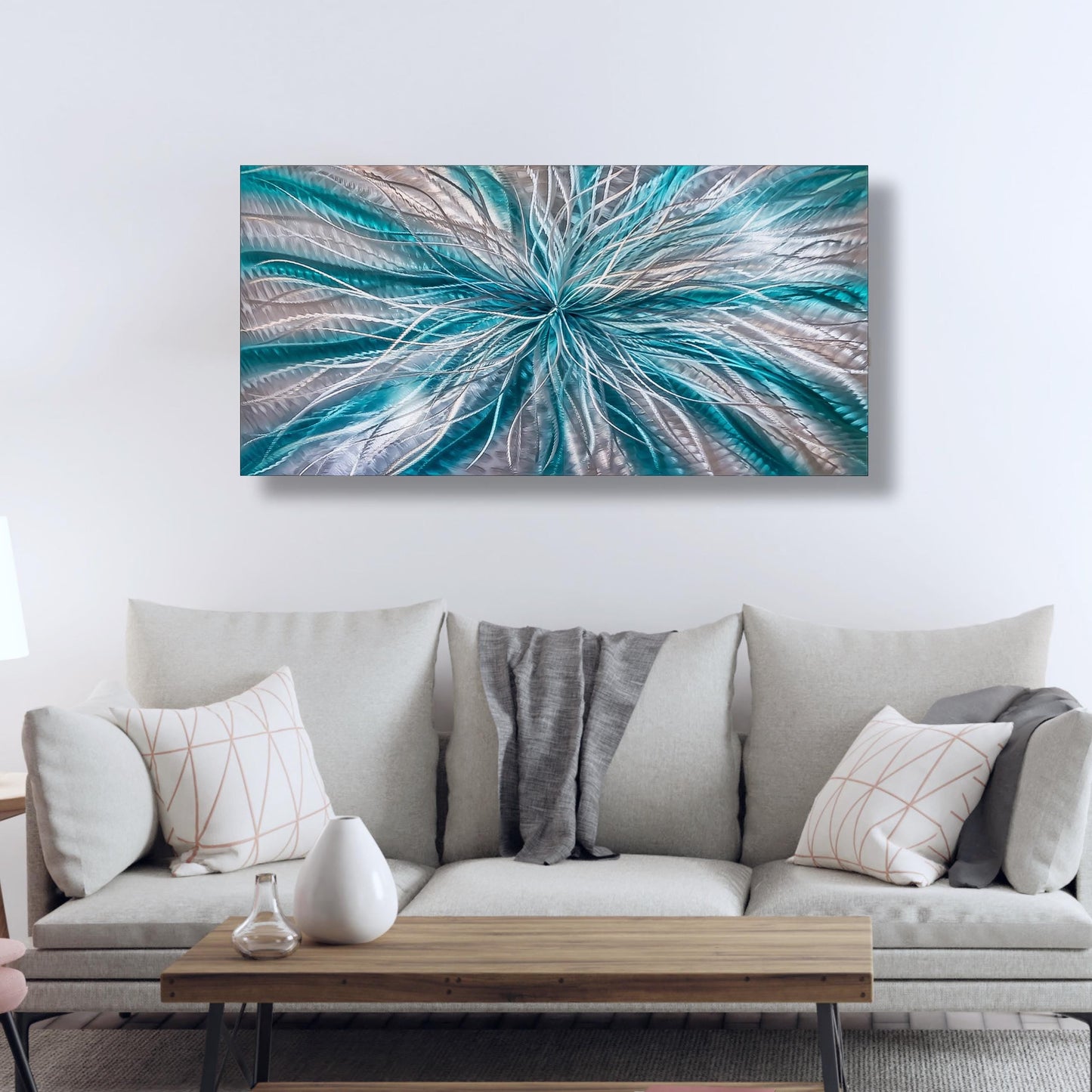 Teal and Silver Abstract Metal Wall Art Titled Radiation - Modern Elements Metal Art - ME72820617
