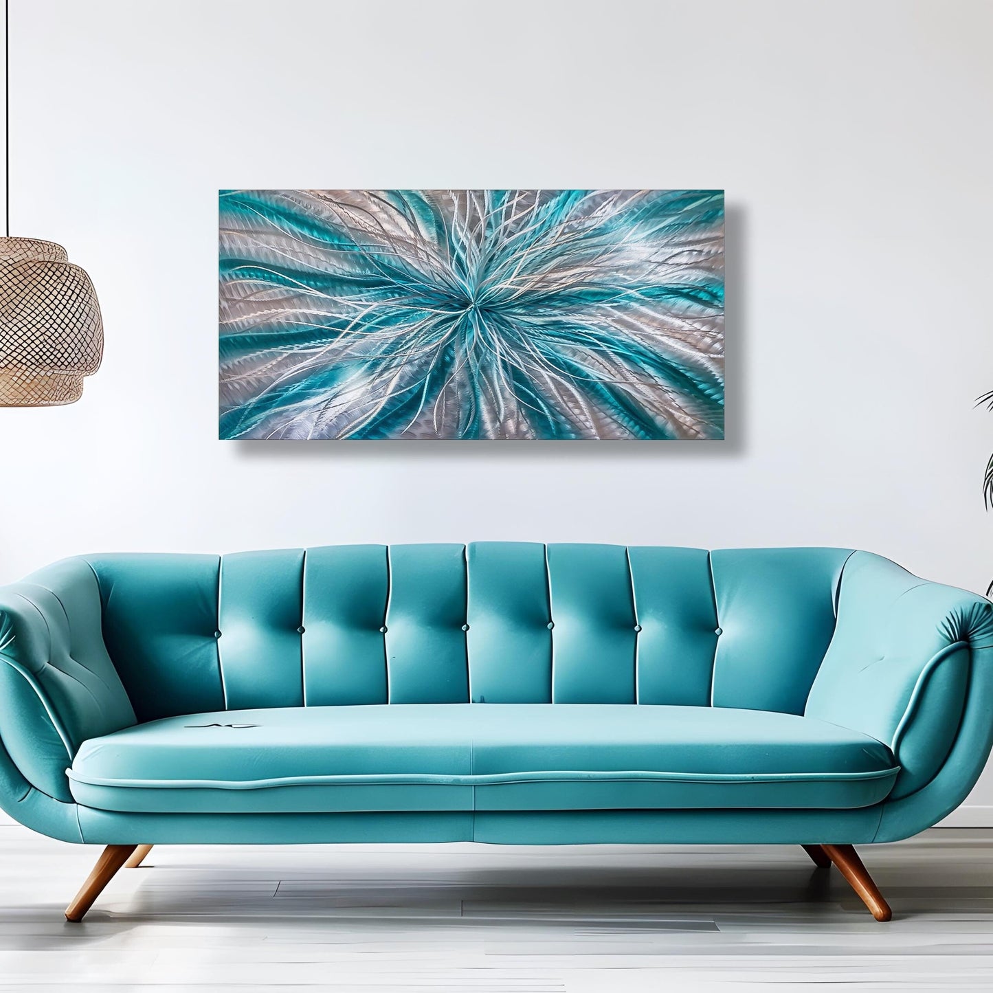 Teal and Silver Abstract Metal Wall Art Titled Radiation - Modern Elements Metal Art - ME72820617