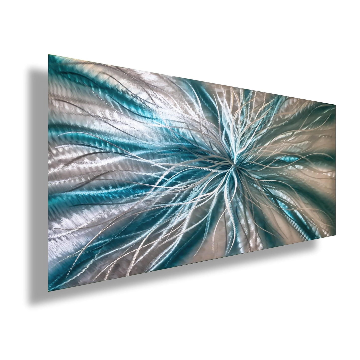 Teal and Silver Abstract Metal Wall Art Titled Radiation - Modern Elements Metal Art - ME72820617