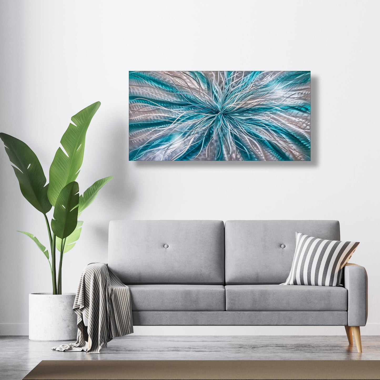 Teal and Silver Abstract Metal Wall Art Titled Radiation - Modern Elements Metal Art - ME72820617