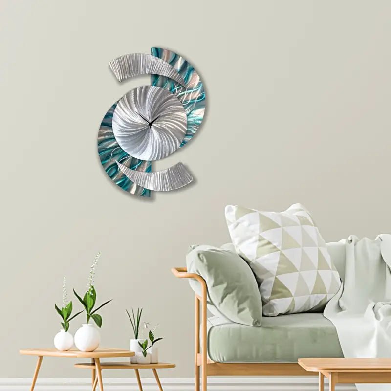 Teal Large Wall Clock Titled "Elliptical" - Modern Elements Metal Art -