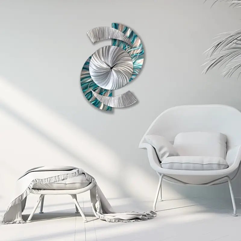 Teal Large Wall Clock Titled "Elliptical" - Modern Elements Metal Art -