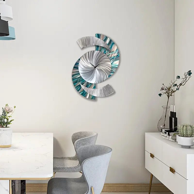 Teal Large Wall Clock Titled "Elliptical" - Modern Elements Metal Art -