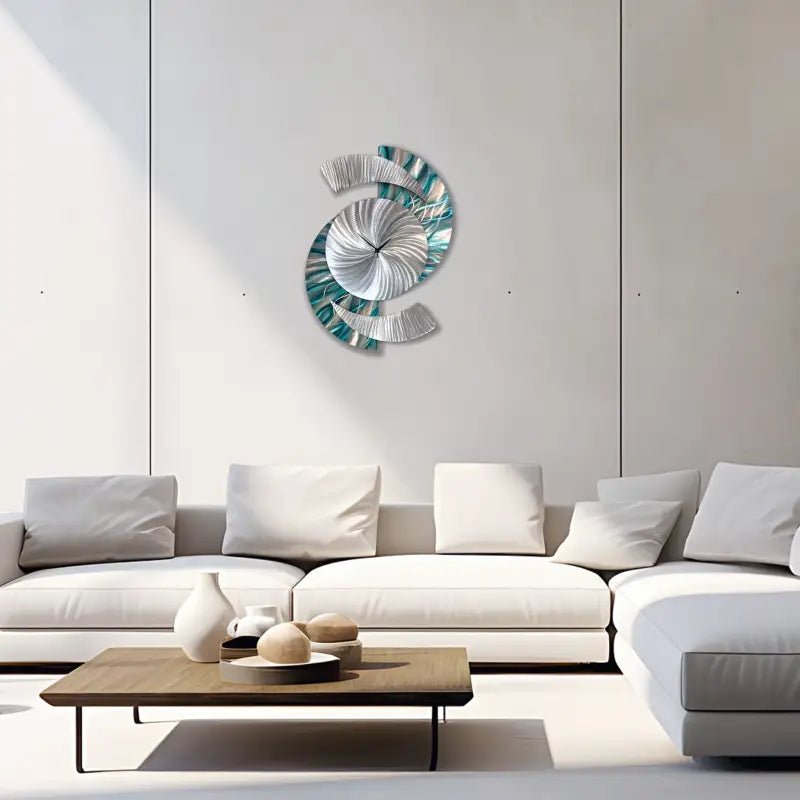 Teal Large Wall Clock Titled "Elliptical" - Modern Elements Metal Art -