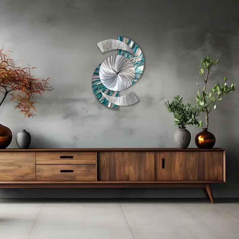 Teal Large Wall Clock Titled "Elliptical" - Modern Elements Metal Art -