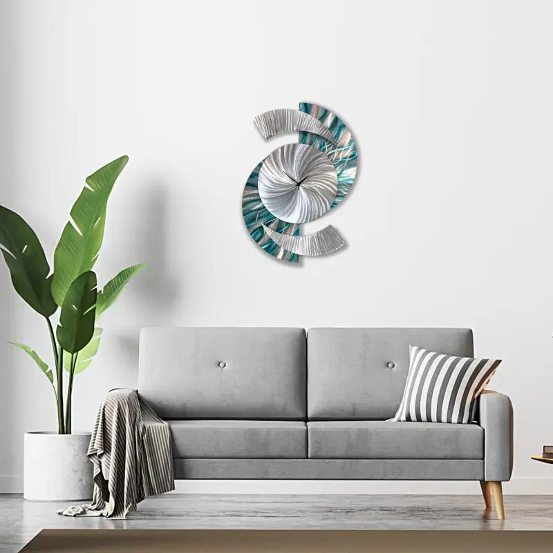 Teal Large Wall Clock Titled "Elliptical" - Modern Elements Metal Art -