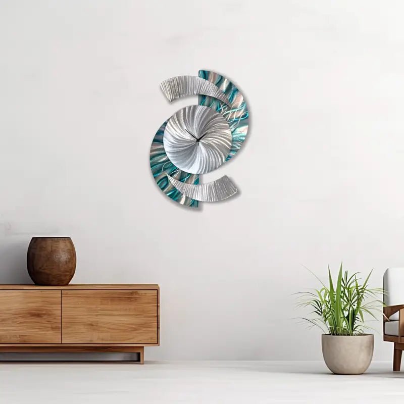 Teal Large Wall Clock Titled "Elliptical" - Modern Elements Metal Art -