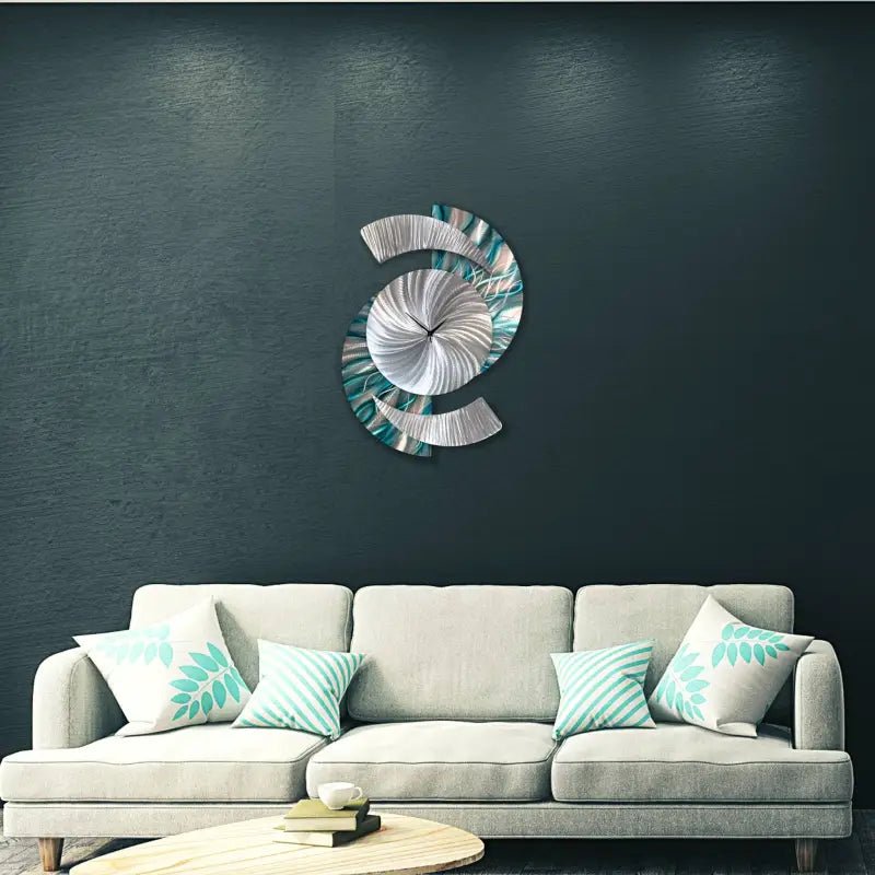 Teal Large Wall Clock Titled "Elliptical" - Modern Elements Metal Art -