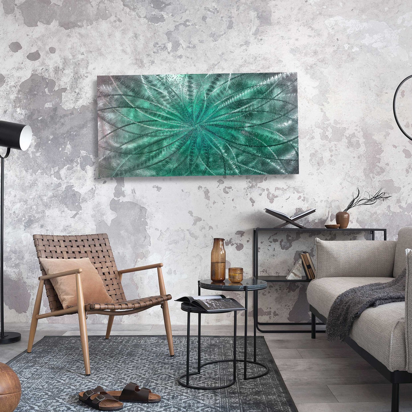 Teal Metal Wall Art Infused Cushed Glass - Titled "Atomique" Limited Edition - Modern Elements Metal Art - ME965HK