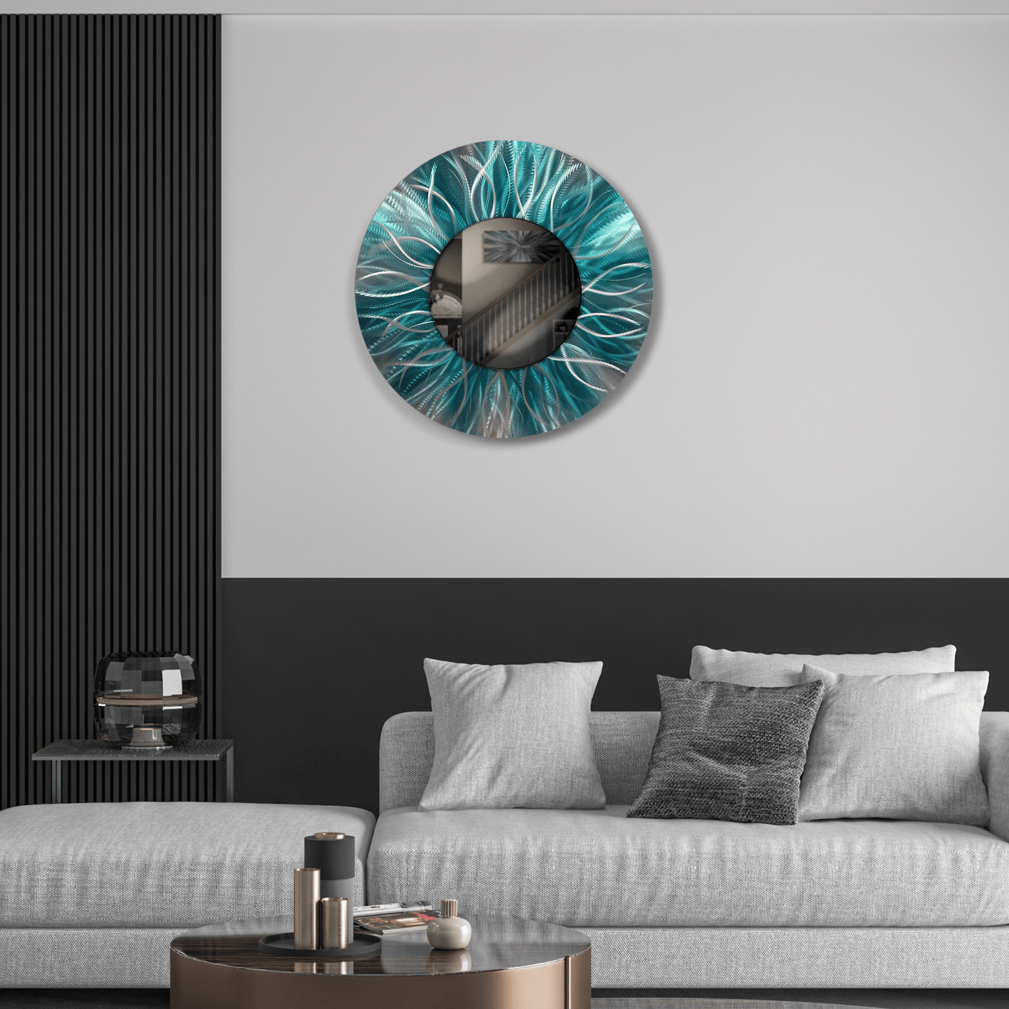 Teal Metal Wall Mirror Titled Radiation - Modern Elements Metal Art - MJ852928 - 1