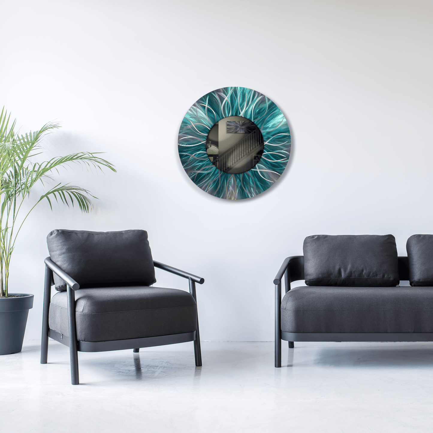 Teal Metal Wall Mirror Titled Radiation - Modern Elements Metal Art - MJ852928 - 1
