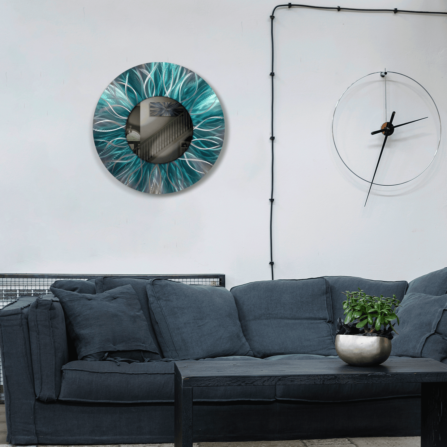 Teal Metal Wall Mirror Titled Radiation - Modern Elements Metal Art - MJ852928 - 1