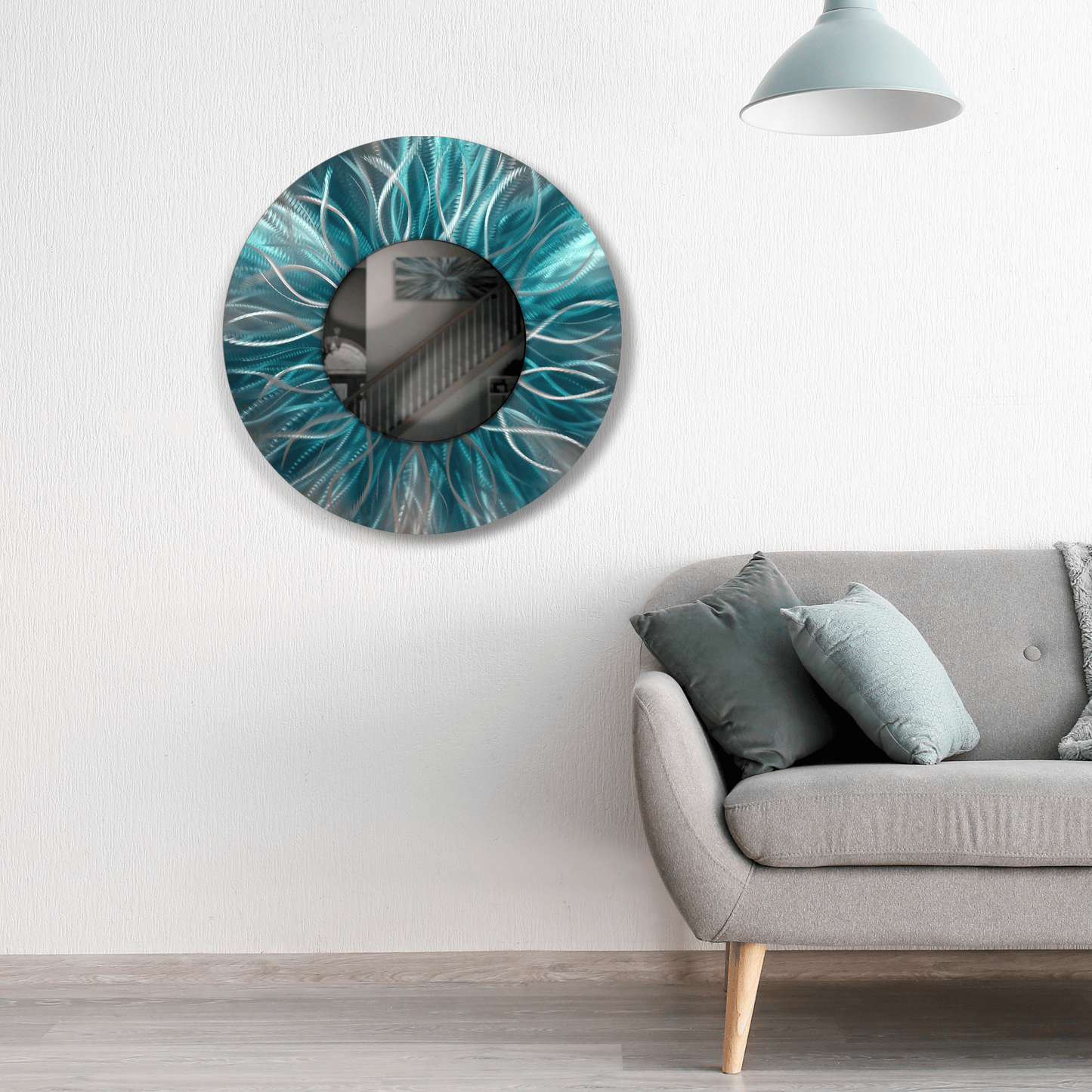 Teal Metal Wall Mirror Titled Radiation - Modern Elements Metal Art - MJ852928 - 1