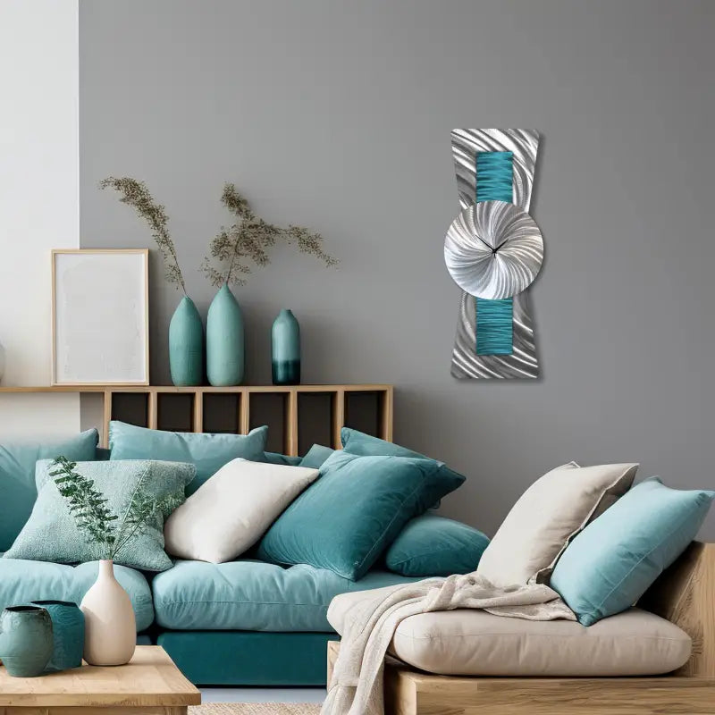 Teal Wall Clock Large Unique Clocks Metal Modern Elements Art