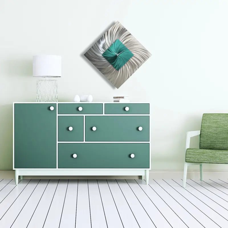 Teal Wall Clock Titled ''Tealo'' - Modern Elements Metal Art - INV2828272