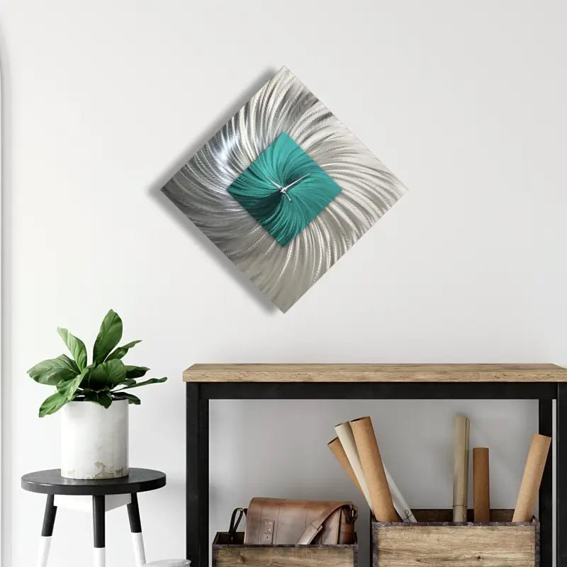 Teal Wall Clock Titled ''Tealo'' - Modern Elements Metal Art - INV2828272