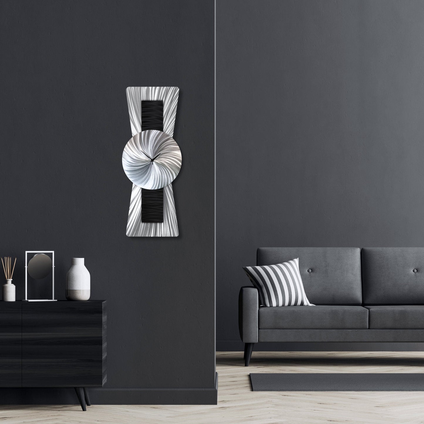 Unique Silver Black Metal Wall Clock Titled Twilight - Modern Elements Metal Art - ME962728K_1