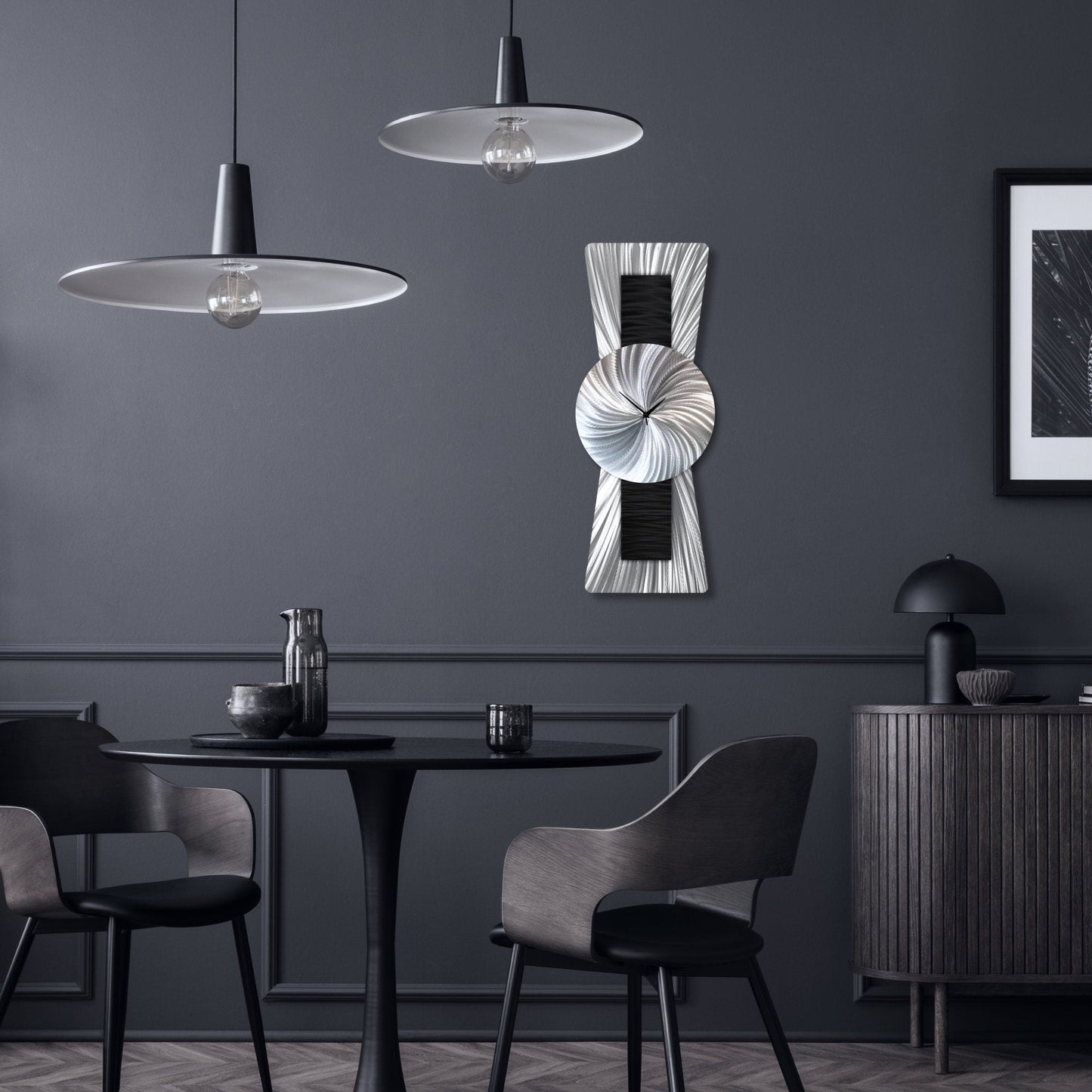 Unique Silver Black Metal Wall Clock Titled Twilight - Modern Elements Metal Art - ME962728K