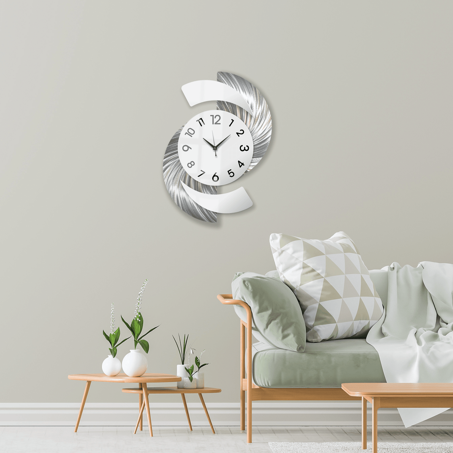 White & Silver Wall Clock Titled "Elliptical" - Modern Elements Metal Art - INV3999SL