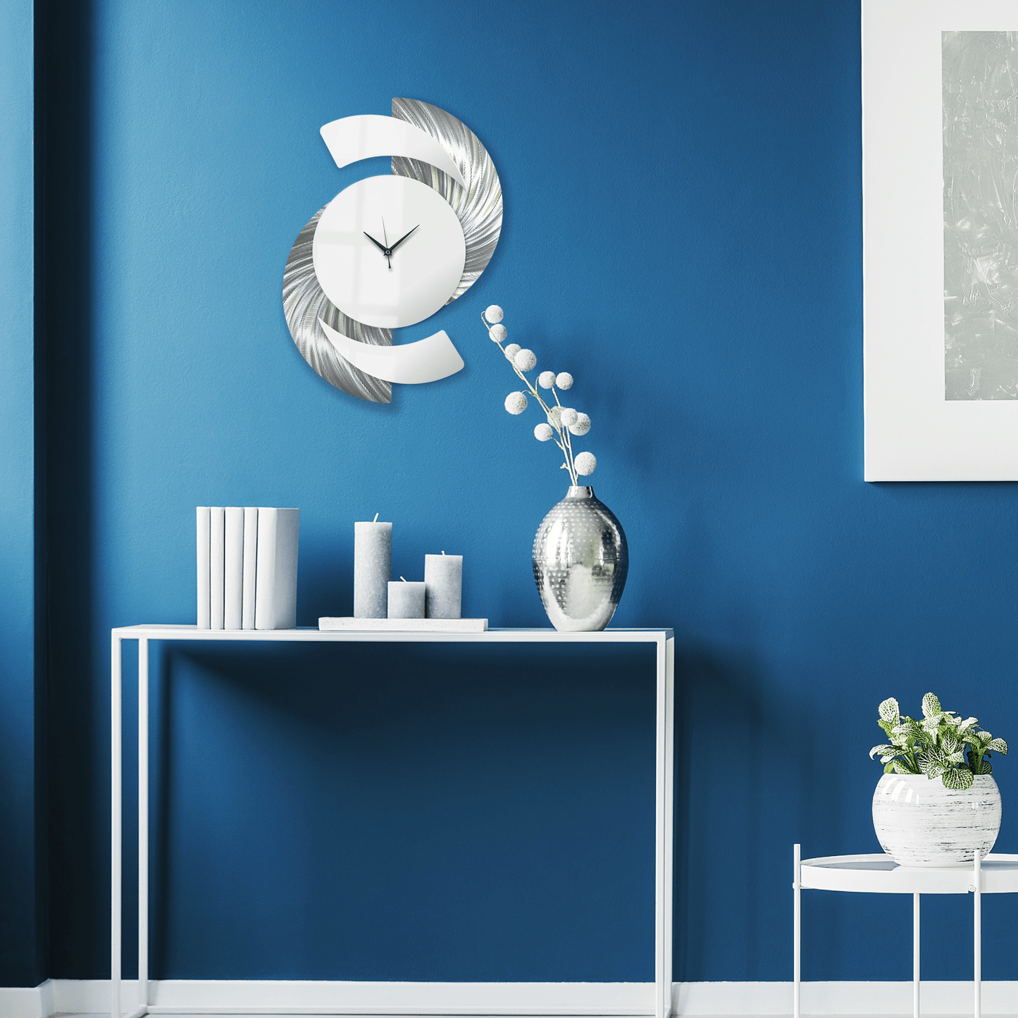 White & Silver Wall Clock Titled "Elliptical" - Modern Elements Metal Art - INV3999SL